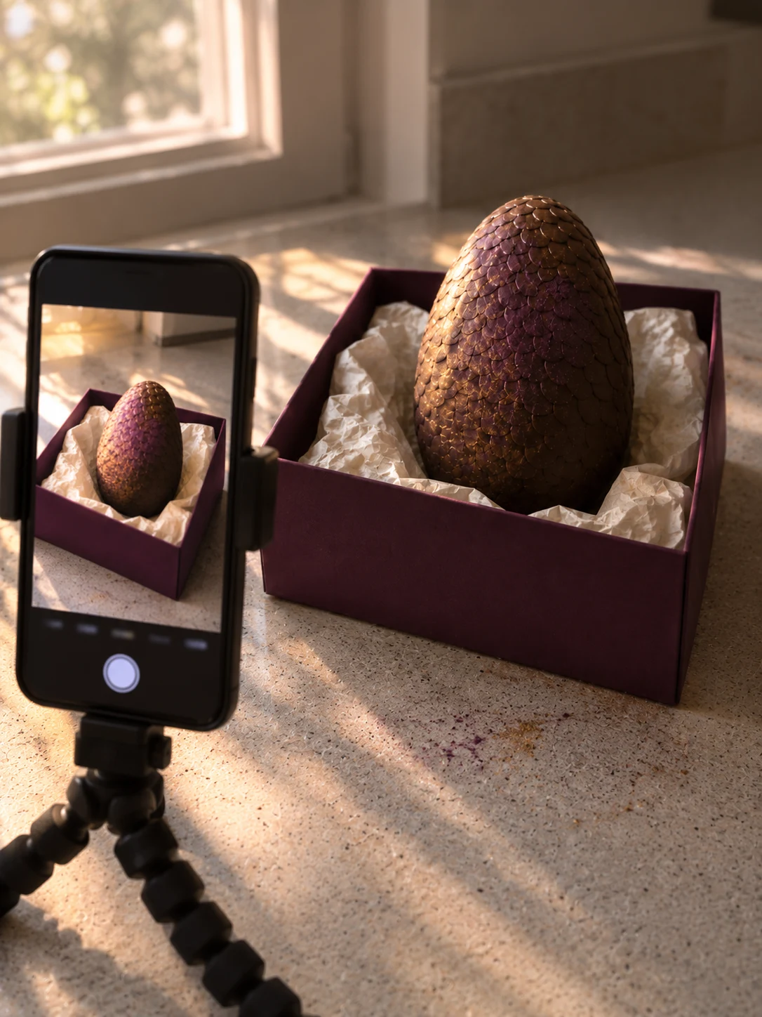 A phone on a small tripod photographing a finished dragon egg in an aubergine gift box, the same shot visible on the phone's screen