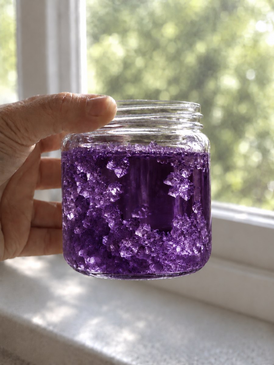 A hand holding a small glass jar up to a bright window, amethyst sugar crystals grown thickly on the inside of the glass