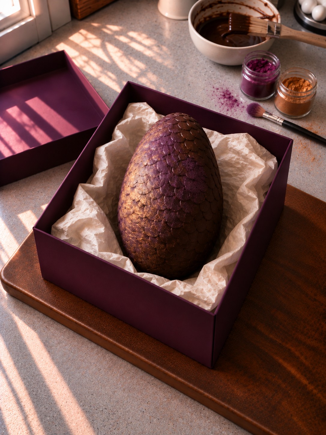 A finished dragon egg boxed with a ribbon, held in two hands