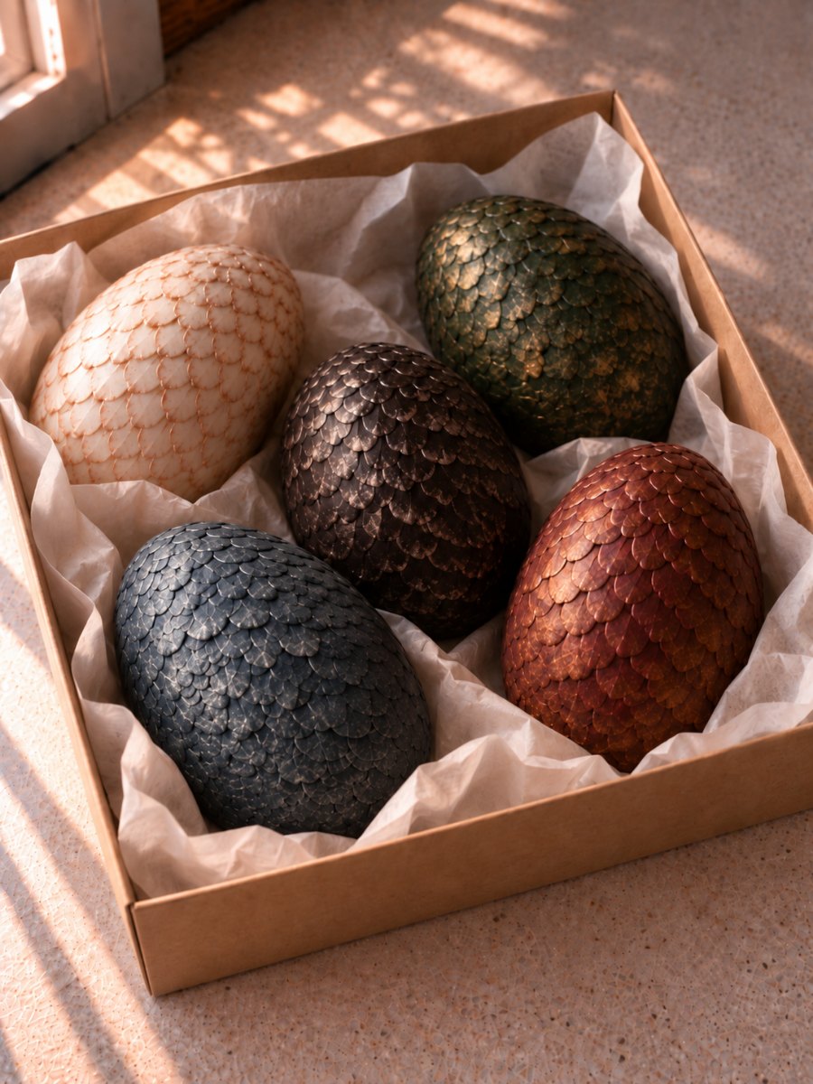 Five finished chocolate dragon eggs nested in crumpled parchment inside an open kraft gift box — cream, forest green, charcoal, slate blue and copper red