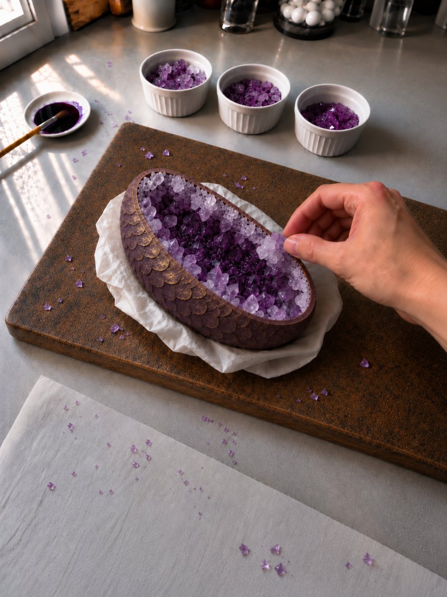 A chocolate egg half lined with jagged amethyst sugar crystals