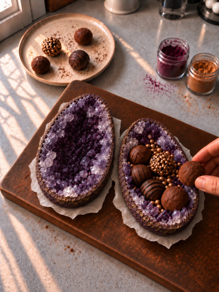 Hand-rolled truffles and gold pearls being nested into the crystal interior of an egg half