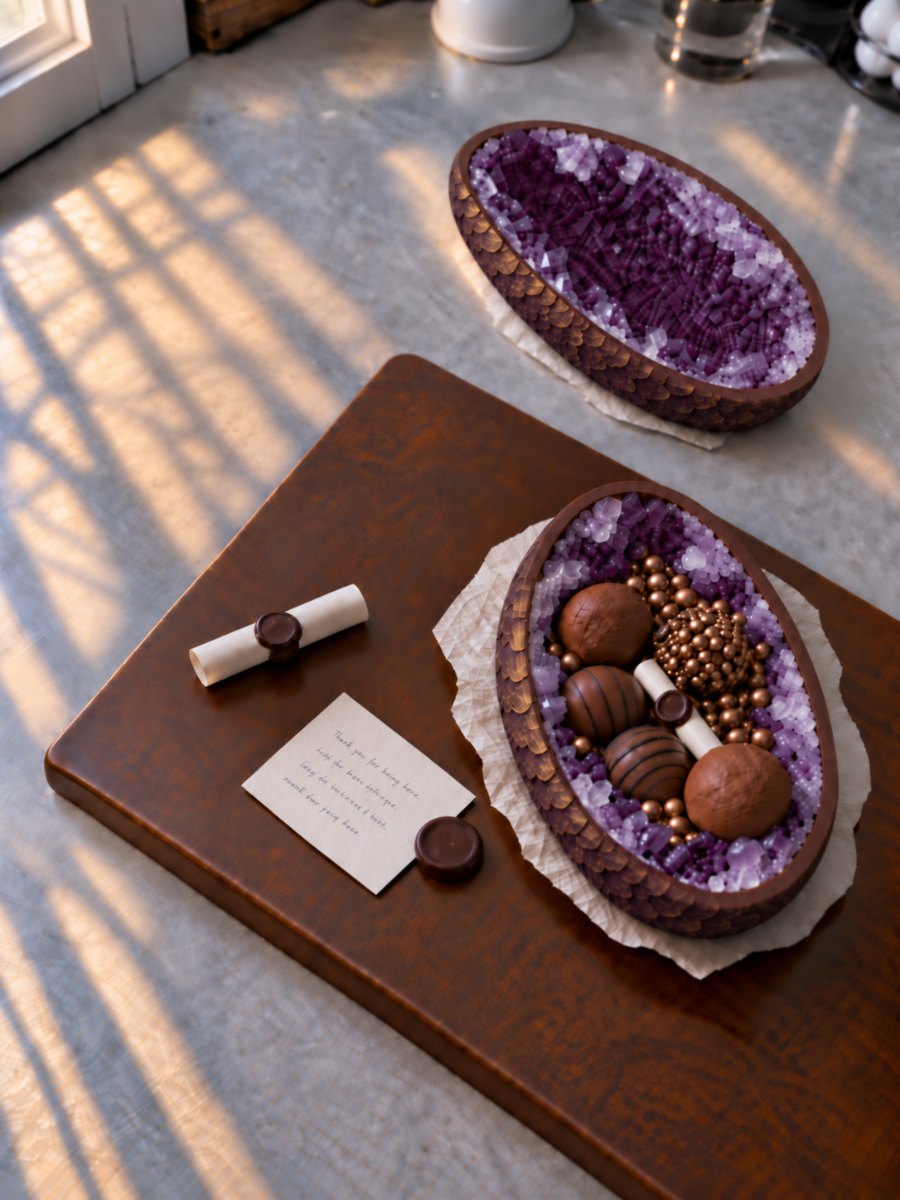 Sealed edible scrolls beside a crystal-lined egg half filled with truffles