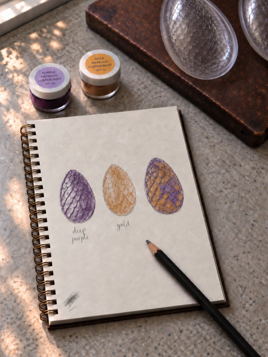 An open sketchbook on a kitchen worktop showing three painted dragon egg designs in purple, gold and the two mixed, beside jars of lustre dust