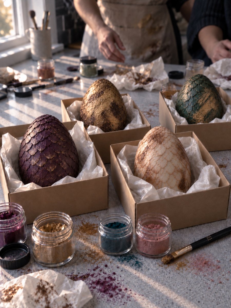 Four finished dragon eggs in kraft gift boxes at the end of a party, each a different colourway, with dust jars and brushes on the worktop
