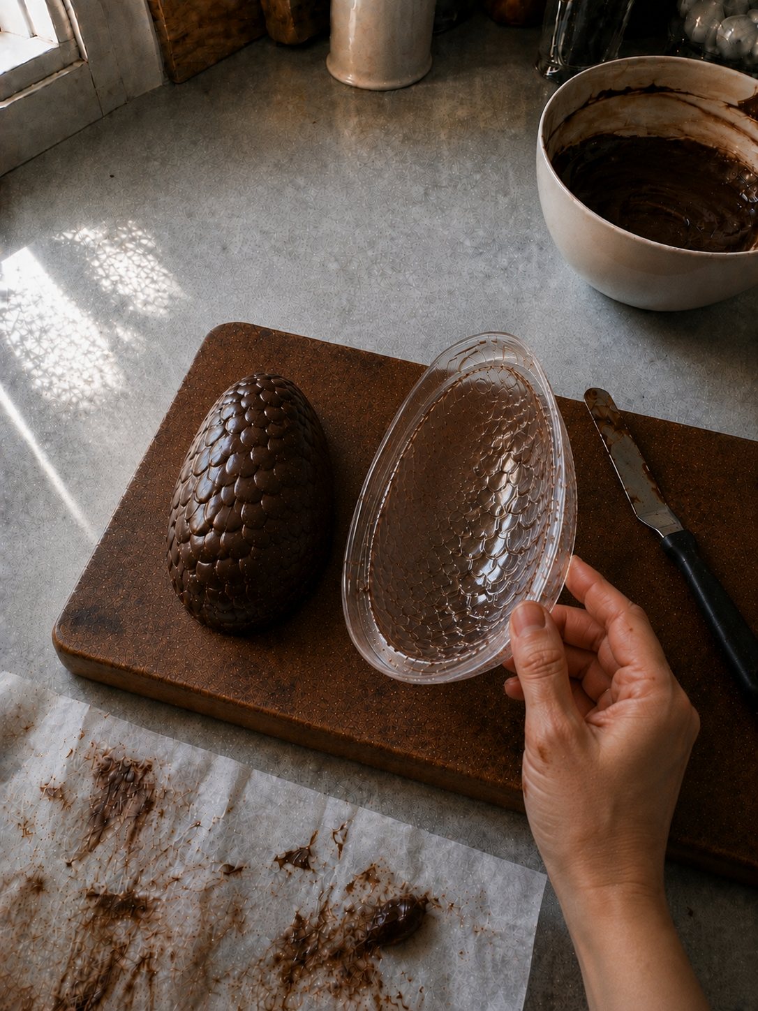 Lifting the mould off a freshly cast chocolate dragon egg shell