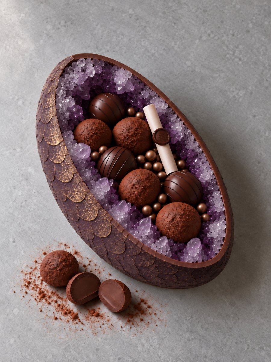 The egg half filled with truffles, gold pearls and a small sealed scroll, nested in amethyst crystal