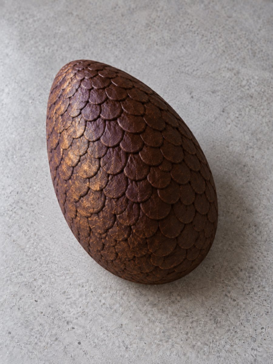A whole finished chocolate dragon egg, scales dusted aubergine and gold