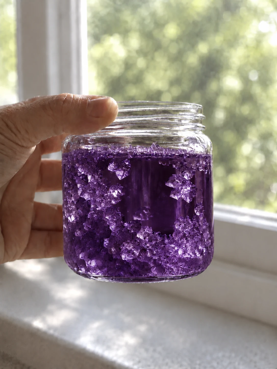 A hand holding a small glass jar up to a bright window, amethyst sugar crystals grown thickly on the inside of the glass