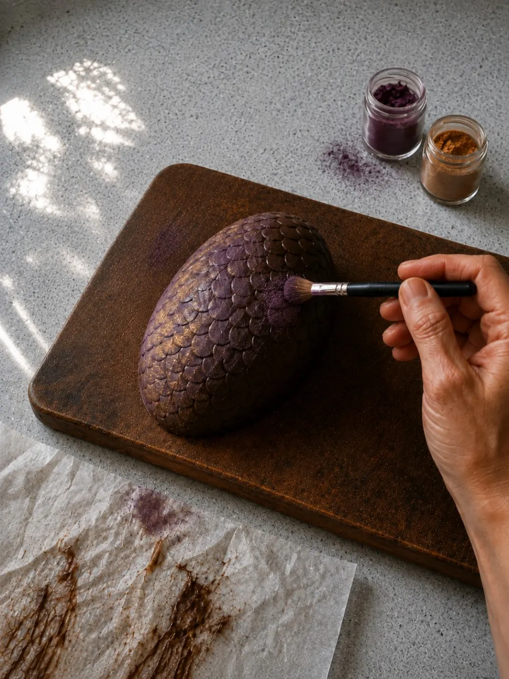 Brushing metallic dust into the raised scales of a chocolate dragon egg