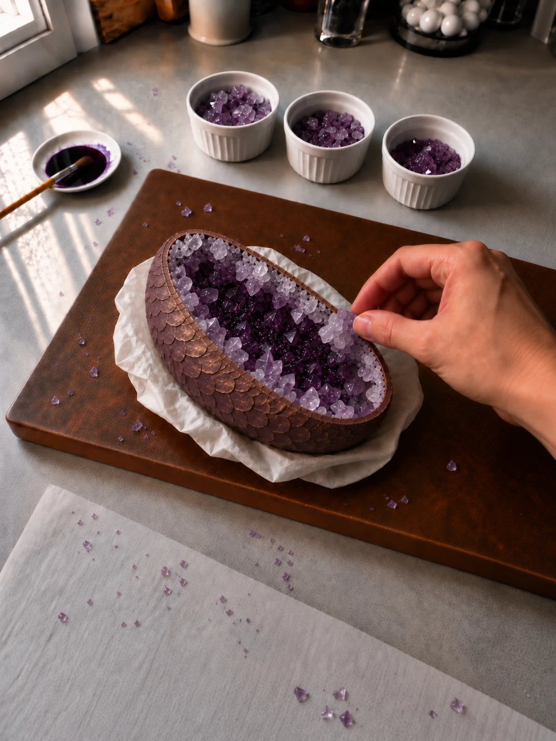 A chocolate egg half lined with jagged amethyst sugar crystals