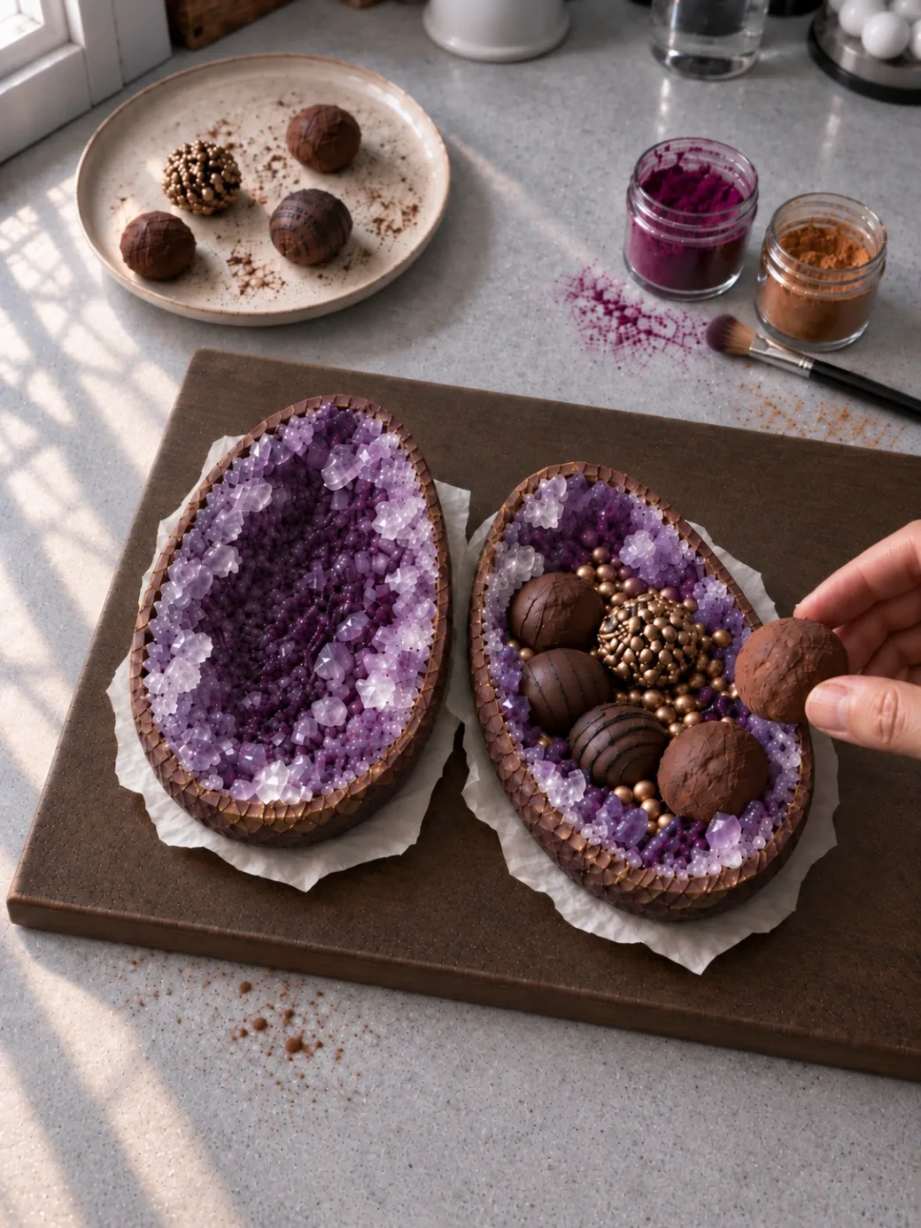 Hand-rolled truffles and gold pearls being nested into the crystal interior of an egg half