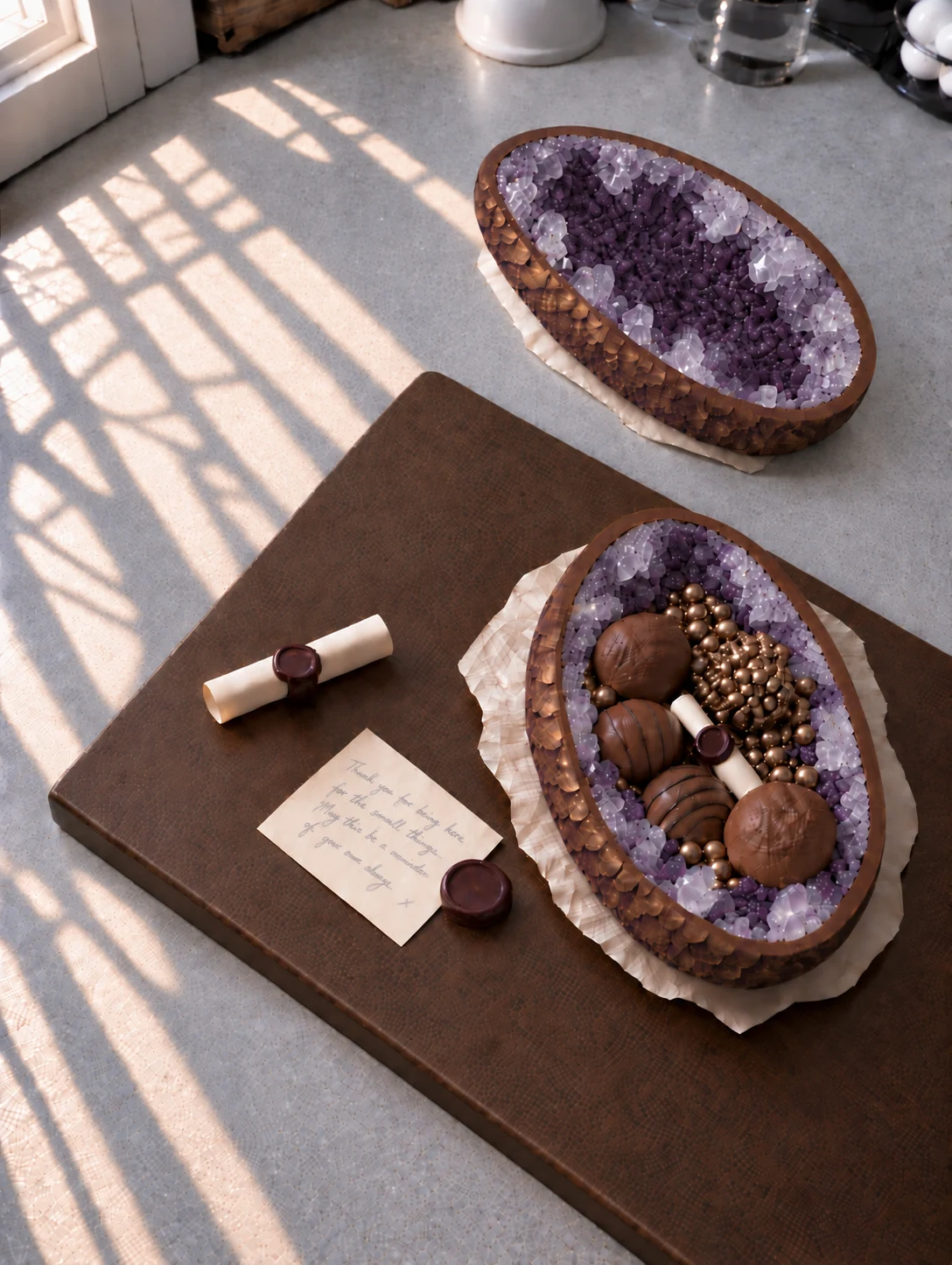 Sealed edible scrolls beside a crystal-lined egg half filled with truffles
