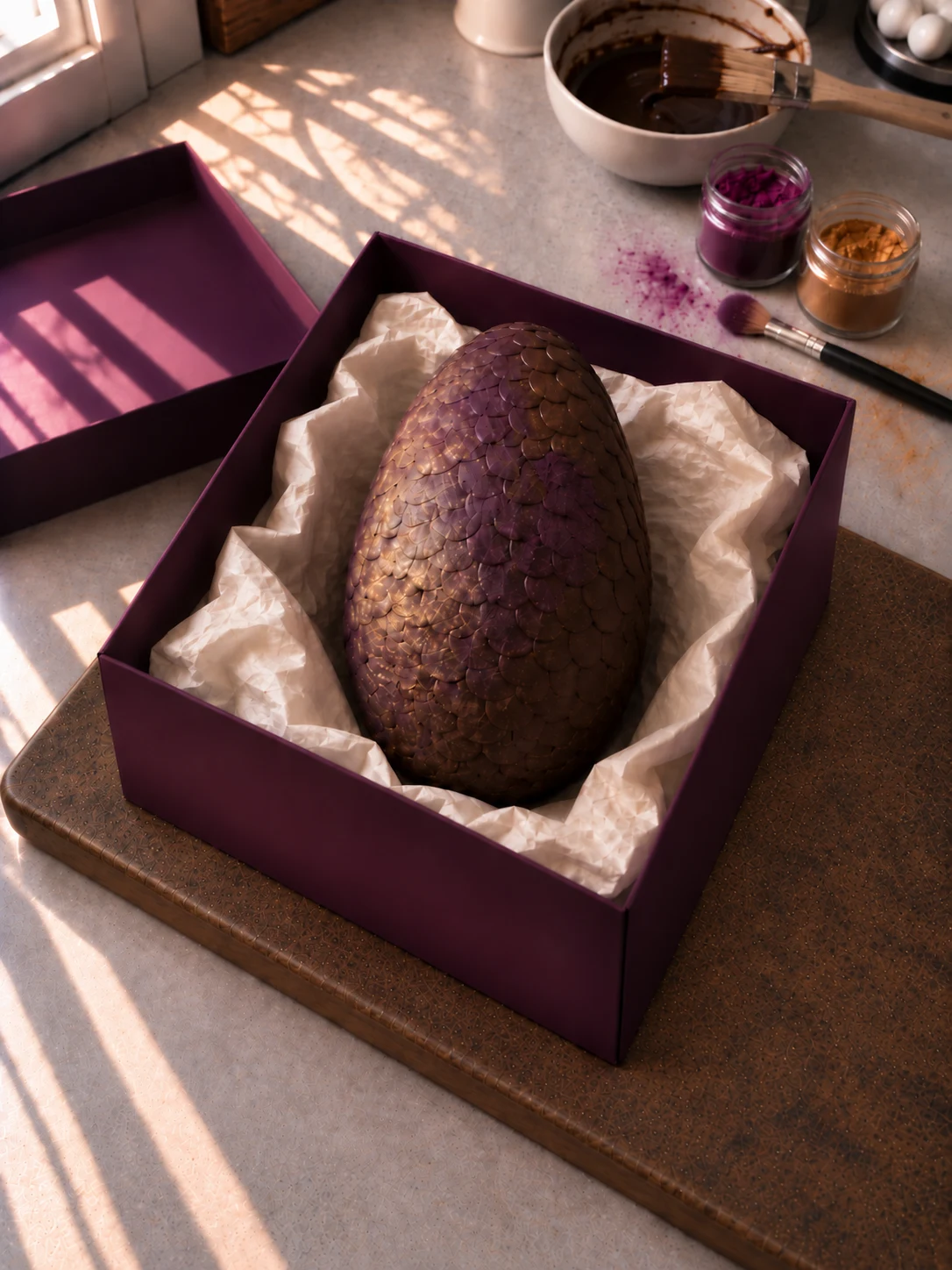 A finished dragon egg boxed with a ribbon, held in two hands
