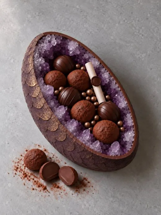 The egg half filled with truffles, gold pearls and a small sealed scroll, nested in amethyst crystal
